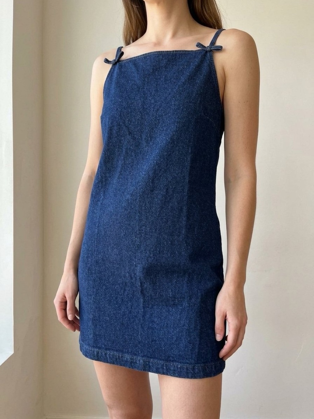 GAP Square Neck Denim Mini Dress NWT Dark Wash Bow Strap Size Large
